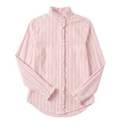 Chemise rayée femme col officier à volants et manches longues élégantes