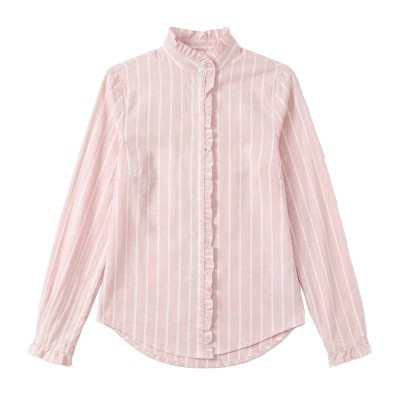 Chemise rayée femme col officier à volants et manches longues élégantes