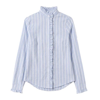 Chemise rayée femme col officier à volants et manches longues élégantes