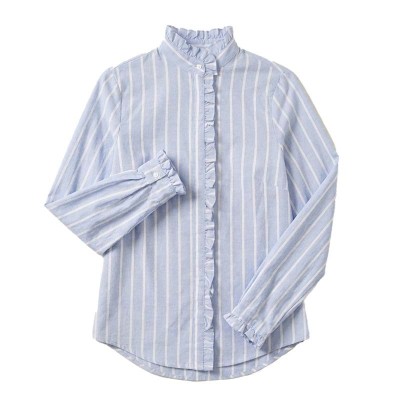 Chemise rayée femme col officier à volants et manches longues élégantes