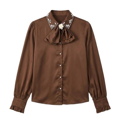 Chemise satin marron femme à perles, col classique élégant