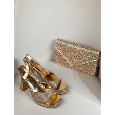 Sandales dorées à talon avec pochette strass pour femme chic