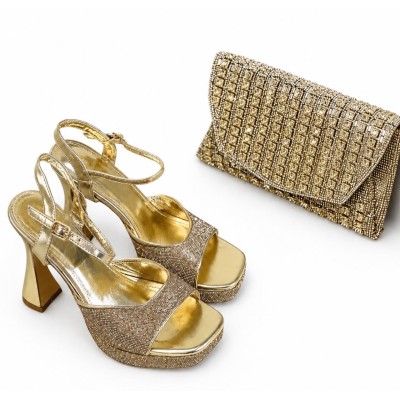 Sandales dorées à talon avec pochette strass pour femme chic