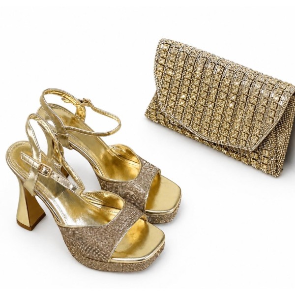 Sandales dorées à talon avec pochette strass pour femme chic