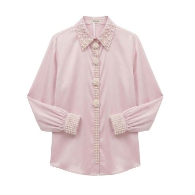 Chemise satin rose pastel à perles blanches, col classique élégant
