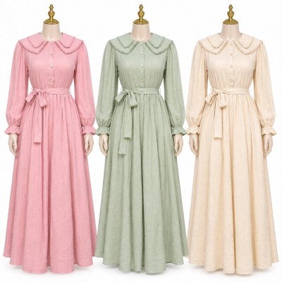 Robe longue femme élégante avec col Claudine et ceinture tendance