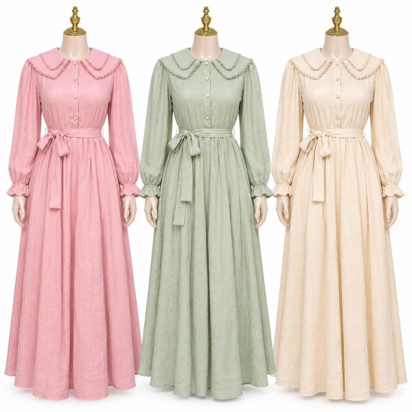 Robe longue femme élégante avec col Claudine et ceinture tendance