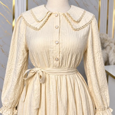 Robe longue femme élégante avec col Claudine et ceinture tendance