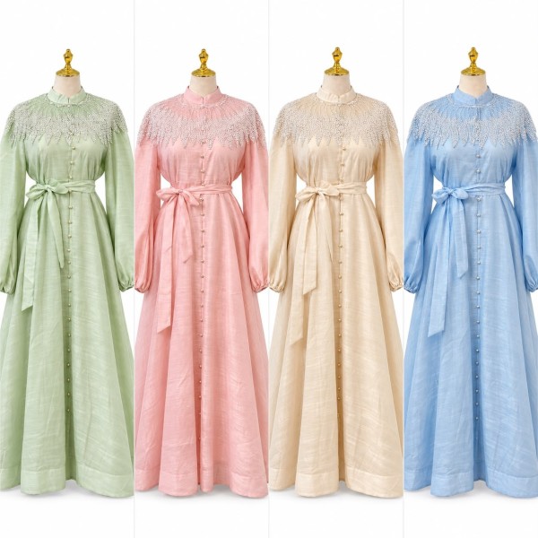 Robe longue femme élégante avec dentelle et ceinture à nouer chic
