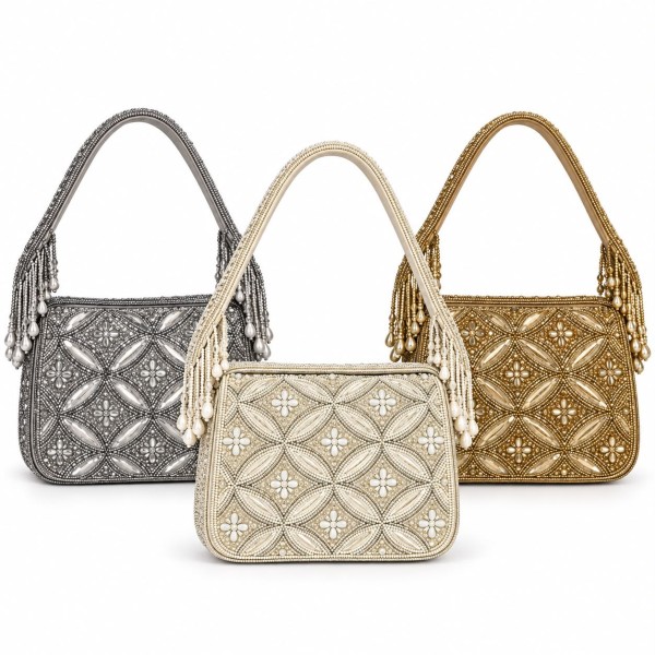 Sac à main femme chic brodé de perles, disponible en 3 couleurs