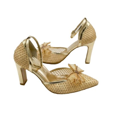 Escarpins Soirée Chic Bout Pointu Boucle Dorée Cheville Cristaux Strass Ambrés