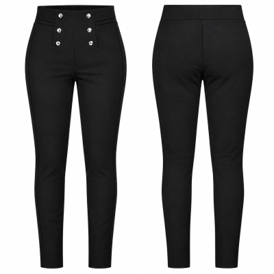 Pantalon noir femme taille haute avec boutons décoratifs tendance
