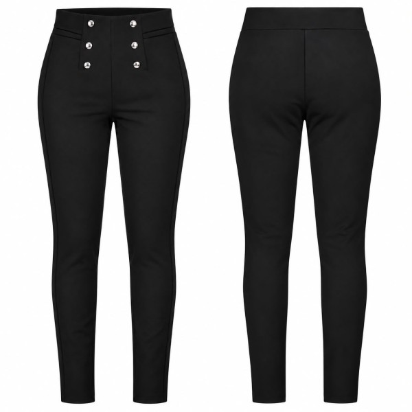Pantalon noir femme taille haute avec boutons décoratifs tendance