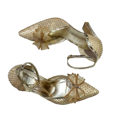 Escarpins Soirée Chic Bout Pointu Boucle Dorée Cheville Cristaux Strass Ambrés