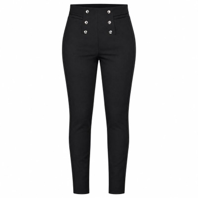 Pantalon noir femme taille haute avec boutons décoratifs tendance