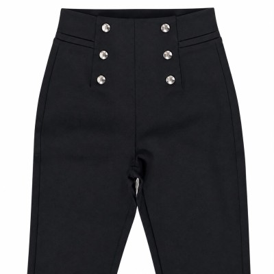 Pantalon noir femme taille haute avec boutons décoratifs tendance