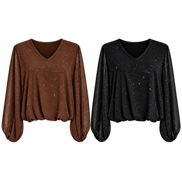 Pull femme col V brillant à manches longues, disponible en noir et marron