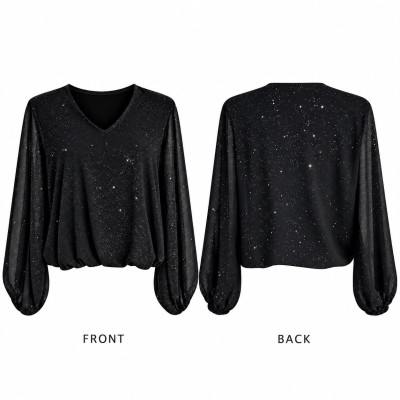 Pull femme col V brillant à manches longues, disponible en noir et marron
