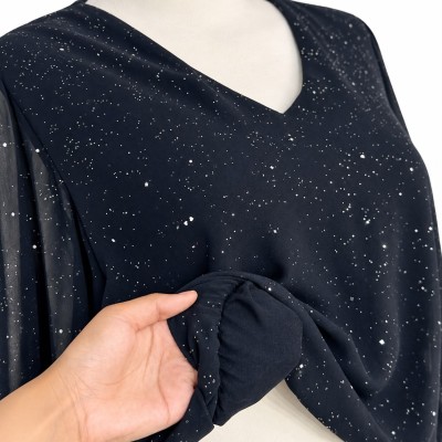 Pull femme col V brillant à manches longues, disponible en noir et marron