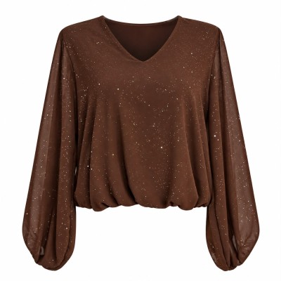 Pull femme col V brillant à manches longues, disponible en noir et marron