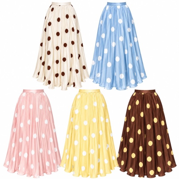 Jupe longue plissée à pois femme – Rose, Bleu ciel et Jaune
