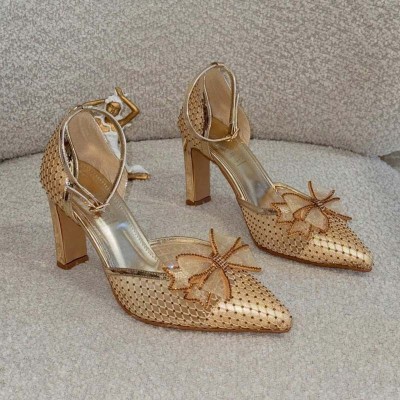 Escarpins Soirée Chic Bout Pointu Boucle Dorée Cheville Cristaux Strass Ambrés