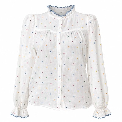 Chemise femme fleurie à manches longues et col volanté élégant
